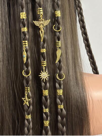45件套女士编织发饰套装，月亮星星造型发夹，Y2K朋克风金属吊坠装饰，适合派对、音乐节，送给女孩的礼物