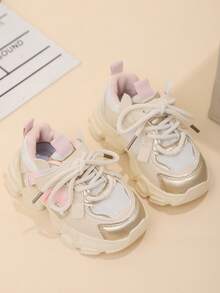 Girls' Fashion Sneakers, Low-Top Mesh Faux Leather, Breathable & Comfortable, Shock-Absorbing Tennis Shoes, Striped & Random Patterns, & Lace Closure, Suitable For Outdoor Activities, All Seasons, Casual & Hiking, Ages 14 & Under - Beige - View 3