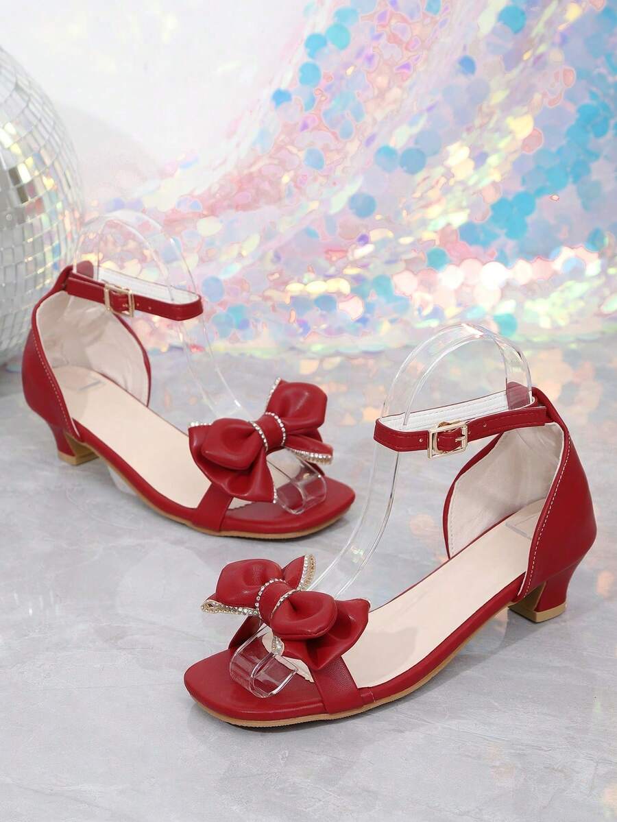 1 Paar Mädchen Sommer High Heel Sandalen, Doppelschicht Strass Schleife, rote märchenhafte Prinzessinnenschuhe, quadratische Zehenform, geeignet für Partys, Veranstaltungen, Schulaufführungen - Rot - Übersicht 1