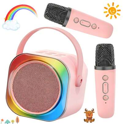 迷你卡拉OK机，适合青少年和成人 - 便携式蓝牙音箱，配备2个无线麦克风和LED灯，是家庭派对的完美KTV玩具，也是送给男孩女孩的最佳圣诞节和生日礼物。