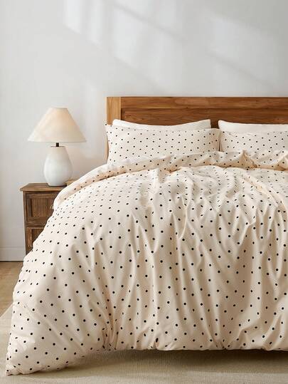 2/3 件套黑色圆点印花被套床上用品套装，纽扣封口被套 - 1 个被套和 1/2 个枕套，透气轻盈，送给爱人的好礼物（不含被芯），适合单人床、双人床、大号床、特大号床等各种尺寸。