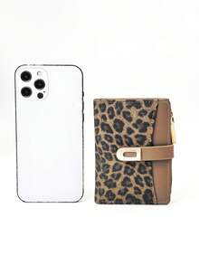 1 pieza Billetera compacta de estilo clásico con estampado de leopardo y parches, de PU marrón con cierre a presión, portador de tarjetas e identificación, ligera para mujer, billetera mini, monedero, billetera pequeña, billetera linda - Marrón - Ver 8