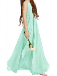 Girls A-Line Halter Maxi Dress - Flowy Chiffon Junior Bridesmaid Flower Girl Gown For Wedding Party & Pageant - Mint - View 3