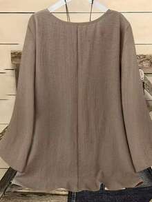 Plus Size Women's Solid Color Regular Crew Neck Long Sleeve Blouse Spring - Camel - View 4