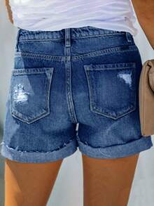 休闲水洗纽扣破洞女式牛仔短裤 - 中等水洗藍 - 查看 3
