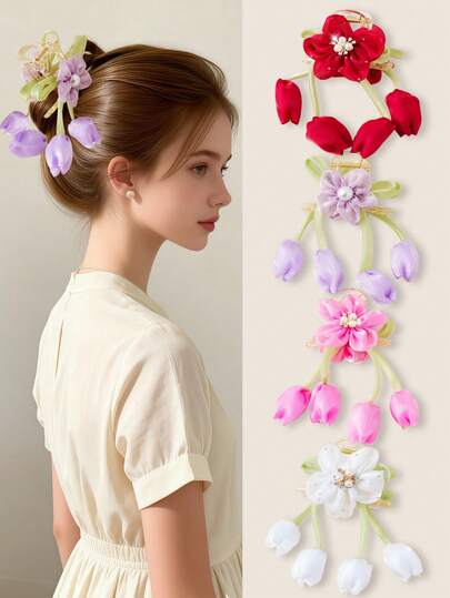 1个女士彩色珍珠双面仿真花发爪夹，波西米亚风郁金香发饰，人造花发夹，适合浓密头发，青少年和女士均可佩戴，结实耐用，适合嘉年华、情人节礼物、日常休闲佩戴