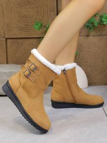 Women's Mid-Calf Snow Boots, Thick Fleece Lining, Wedge Heel, Warm & Soft Material, Side Zipper, Round Toe, Versatile Winter Outdoor Boots (Shoe Mouth And Foot Length Run Small By 1 Size) - 駝色 - 查看 4