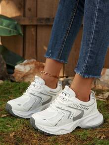 Women's Spring/Autumn New Sports Chunky Sneakers, Mesh Breathable Thick Sole Low Vamp Wedge Heel Casual Shoes, Lightweight Versatile Fashion Casual Lace-Up White Gray Sneakers, White Blue - White - View 5