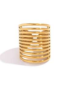 Frminee 2pcs/1pc 18K Gold Plated Chunky Statement Gold Stainless Steel Ring For Women, Hypoallergenic Wide Stack Ring, Accessories For Women - Multicolor - View 6