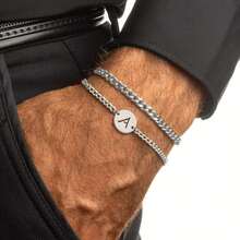 2Pcs/Set Classic Fashion Silvery Round Initial Stainless Steel Cuban Layered Chain Bracelets For Men - Silver - View 1
