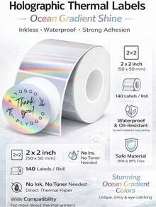 2 Inch Holographic Thermal Labels,Laser Round Thermal Printer Labels,140Pcs/Roll Printable Round Thermal Printer Labels Self-Adhesive Direct Thermal Label - Multicolor - View 3
