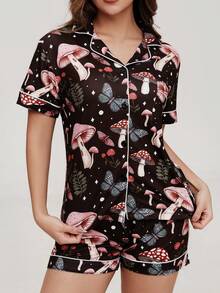 2pcs Women Mushroom, Leaf, Butterfly Print Starry Atmosphere Decorated Short Sleeve Shorts Pajama Set, Comfortable Polo Collar, Ribbed Trim, Versatile, Knit Top With Button Front Pockets, Elastic Waist Pants, Suitable For All Seasons Casual Loungewear - 黑色 - 查看 9