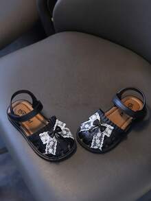 可爱水钻蝴蝶结露趾女童凉鞋，透气沙滩度假鞋 - 黑色 - 查看 5