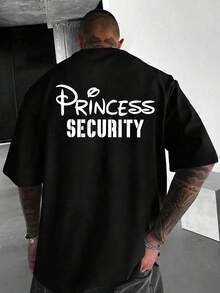 Men's Pure Cotton Short Sleeved T-Shirt, PRINCESS SecurITY Double-Sided Printed T-Shirt, Humorous Internet Meme And Interesting Design, Loose Fit Round Neck Breathable T-Shirt, Suitable For Summer, Outdoor Travel, Beach And Daily Leisure, Suitable For Daily Wear As Couple's Clothing, Family And Friends' Clothing - 黑色 - 查看 3