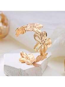 Women's Gold Cuff Collection – 1Pc Chunky Flower Upper Arm Cuff + Chunky Stackable Bangle, Adjustable Design, Delicate Vogue Style, Perfect Summer Jewelry - 金色 - 查看 8