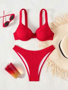 纯色高腰比基尼套装，女士露背波浪纹性感泳装度假装 - 紅色 - 查看 5
