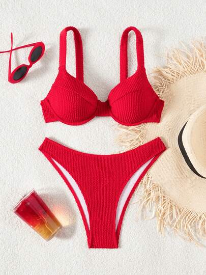 纯色高腰比基尼套装，女士露背波浪纹性感泳衣