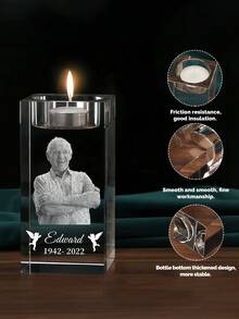 Personalized Crystal Candle Holder With Inner Engraving, Customized Photo, Name And Text, Guardian Angel, Angel Wings, Paw Print, Glass Candle Holder, Memorial Keepsake, Pet Memorial, Condolence, Memorial For Loved Ones, Christmas, Home Decor For Family And Friends - Little Angel 2 - View 4