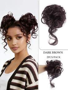 2pcs Synthetic Fiber Fluffy Bun Scrunchies, Braided Elastic Hair Accessories, Synthetic Curly Ponytail For Women - Dark Brown - View 12