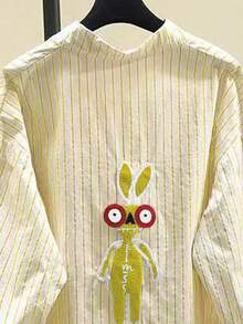 Women's Blue Striped Shirt With Design, Casual Loose Fitting Artistic Style Spring New Arrivals - Yellow - View 10