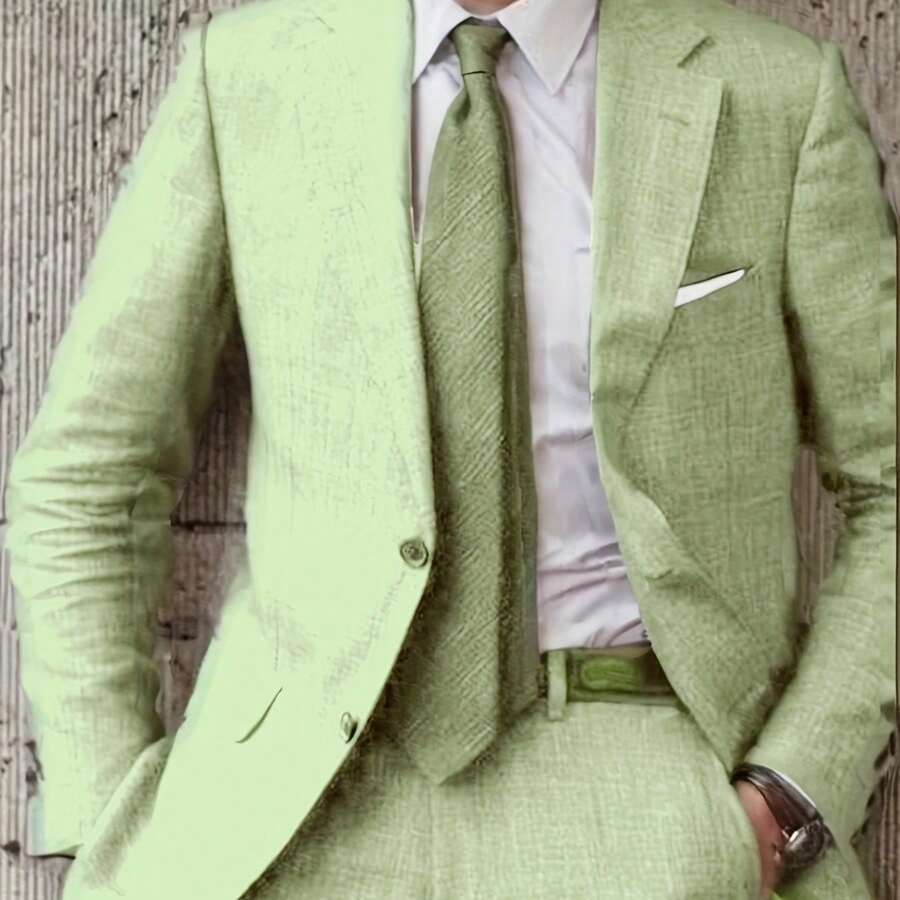 Men's 2pcs Linen Suit Summer Wedding Formal Party Events Tuxedo Suit Elegant Casual Working Business Suit 34S 36S 38S 40R 42R 44R 12.15gal - 黃綠色 - 查看 1