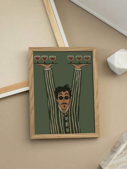 1 st oramat, minimalistiskt konstverk med servitör, retro lekfull väggdekoration med servitör och vinglas, kanvaskonstverk i vintage-tecknad stil, dekoration för vardagsrum, barområde och unika utrymmen, snygg och udda konstdekoration