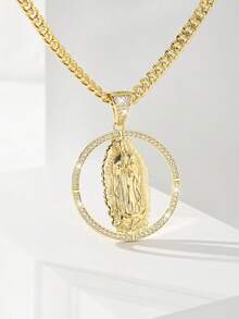 1pc Classic European & American Style Copper Inlaid Zirconia Bling Guadalupe Virgin Mary Pendant Necklace, Limited Edition, Suitable As Christmas/Thanksgiving/Halloween/Mother's Day/Valentine's Day Gift For Couples, Friends, Godparents, Catholic First Communion, Everyday & Holiday Wear - Yellow Gold - View 4