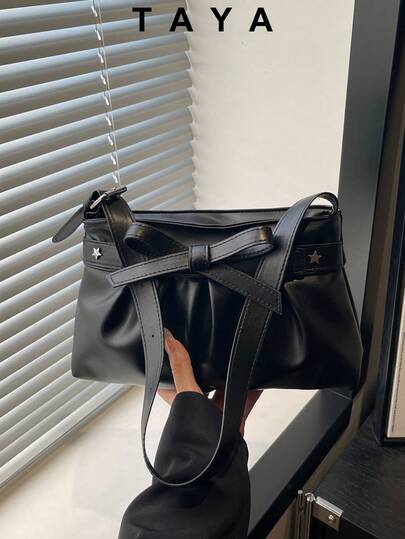 New Vintage Fashion Pleated Square Bag, Zipper Opening, Lightweight Minimalist, Bow Decor, Adjustable Strap, Small Capacity Solid Color Soft Shoulder Bag, Suitable For Women's Daily Life, Casual, Commuting, Work, Vacation And Student Use