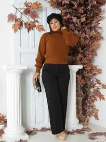 Cropped Knit High Neck Cacharrel Puff Sleeve - Terra Cota - View 3