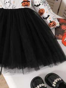 Young Girls Ghost Pumpkin Full Print Round Neck Ruffle Long Sleeve Bow Mesh Dress, Fashionable Elegant Cute For Girls Party Wear, Spring/Autumn - Black - View 7