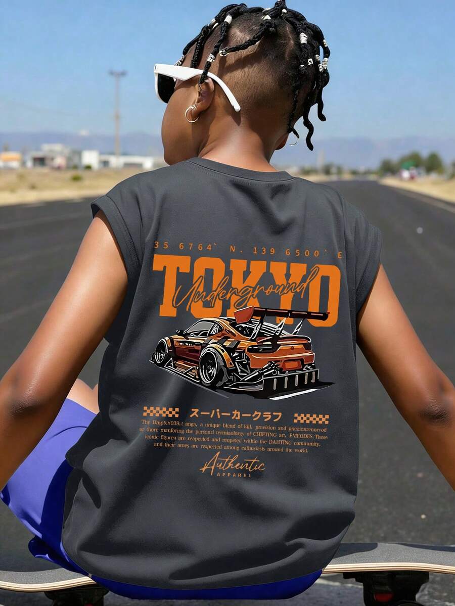 Boys' Tokyo Racing Graphic Tank Top - Underground Drift Car Print Y2K Streetwear Loose Sleeveless Summer Skate Hangout Top - Dark Grey - View 1