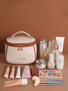 PU皮革旅行化妆包，轻便洗漱化妆品收纳包，化妆袋，手持化妆包，大容量多功能收纳包，带隔层的化妆工具包 - 彩色 - 查看 4