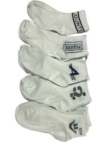 5 Pairs Random Letter Print Men's Mid-Calf Socks, Minimalist & Fashionable, White Socks, Autumn - Multicolor - View 4