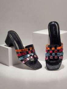 2026 New Women's Shiny Black Summer Vacation Beach Outfit, Colorful Transparent Strap Patchwork Block Heel Shoes, 5cm Chunky Heel Casual Rhinestone Sandals - Black - View 5