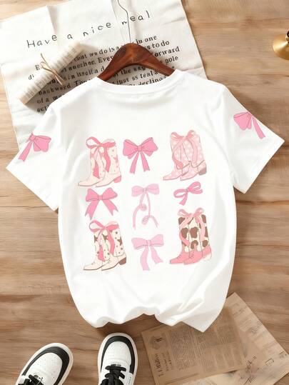 Teenage Girls High-Top Boots And Slogan Print Round Neck T-Shirt, Soft Casual Tee For Summer