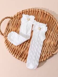 1 par de calcetines de malla de unicolor con triple lazo de perlas para niñas, versátiles para uso diario en verano - Blanco - Ver 6