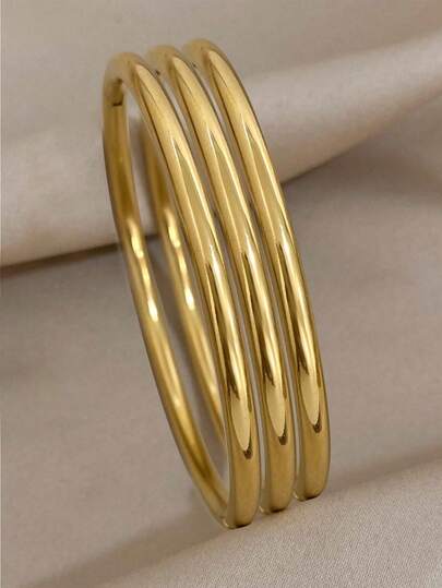 3pcs Set 18K Gold Plated Stainless Steel Bangle Bracelets, Luxury Minimalist Solid Color Metal Wrist Chains, Waterproof Jewelry, Suitable For Wedding Anniversary, Women Gift