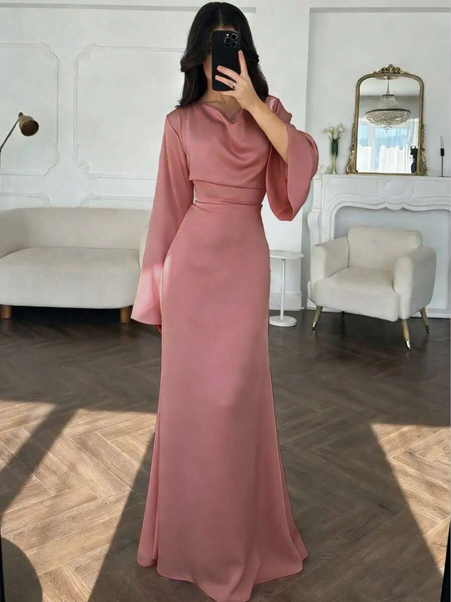 Elegant Women's Pink High Neck Long Dress With Flared Sleeves And A-Line Skirt, Suitable For Party Wear Spring - Coral Pink - View 1
