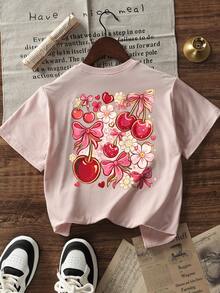Tween Girls Students Casual Printed Round Neck Short Sleeve T-Shirt, Summer Top - Pink - View 3