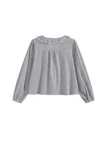 V领长袖格子荷叶边衬衫 - 白格 - 查看 5