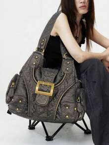 女士时尚街头朋克复古单肩包，大容量Y2K辣妹机车手提包，纯素皮革城市通勤包，可拆卸肩带斜挎包，适合日常使用和聚会，是完美的节日礼物 - 黑色 - 查看 3