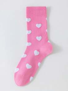 1 Pair Pink & White Heart Pattern Mid-Calf Socks, Soft & Fashionable Women's Socks, Suitable For Valentine's Day Gift And Daily Wear - Multicolor - View 10
