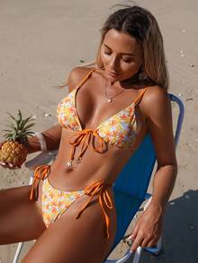 Bộ bikini hai mảnh gợi cảm dành cho nữ, thích hợp cho kỳ nghỉ hè, in họa tiết hoa và nơ trang trí. - trái cam - Xem 2