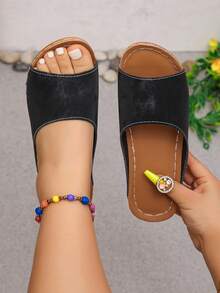 Sandalias de mujer con tira simple, ajuste ancho, cuña gruesa, suela cómoda y ligera, talla grande, tipo chancla, de moda para verano, uso diario y playa, color negro - Negro - Ver 2
