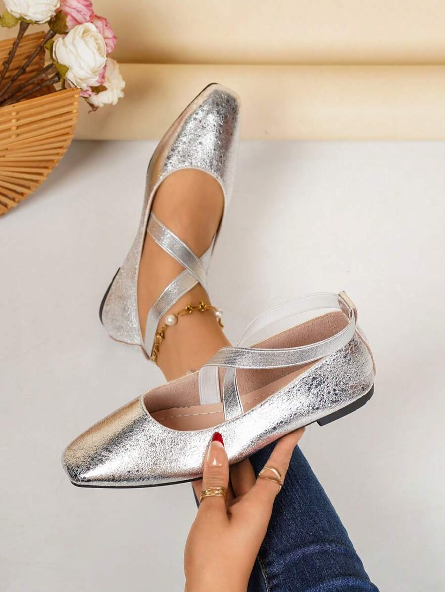 Women's Champagne Gold Metallic Pointed Toe Ballet Shoes With Criss-Cross Strap Mary Jane Slip-On Shoes, Commute & Date Wear, Non-Slip Soft Bottom Low Heel 1.3cm - Silver - View 1