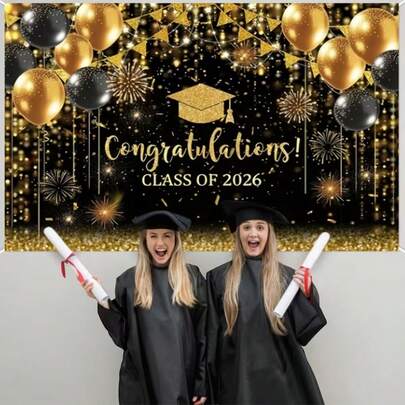 1 Stück, 2D flach, glänzend schwarz-goldener Hintergrundfahne für Abschlussfeier, Polyesterstoff, Doktorhut, Pailletten-Design, geeignet für Abschlussfeier Dekoration, Abschlusszeremonie, Abschlussveranstaltung, Partyfeier, Feiertag, Geburtstag, Klassenzimmer Dekoration, Wanddekoration, Heim/Garten/Innen/Außen Dekoration, Fotografie Hintergrund Requisiten, Party Dekorationsmaterial, Abschluss Hintergrundstoff, Veranstaltung Hintergrund