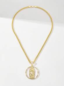 1pc Classic European & American Style Copper Inlaid Zirconia Bling Guadalupe Virgin Mary Pendant Necklace, Limited Edition, Suitable As Christmas/Thanksgiving/Halloween/Mother's Day/Valentine's Day Gift For Couples, Friends, Godparents, Catholic First Communion, Everyday & Holiday Wear - Yellow Gold - View 6