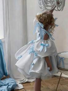 小女孩细肩带蝴蝶结泡泡袖公主裙，适合儿童生日派对、花童、婚礼、舞会、派对、节日庆典 - 白色 - 查看 5