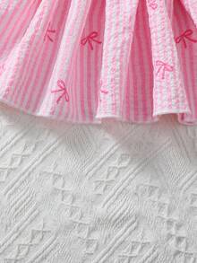 Purechapter 2pcs Tween Girl Fashion Bow Strap Waist Striped Bow Print Tank Top Paired With Elastic Waist Pants, Soft & Comfortable Everyday Casual Outfit - Pink - View 4