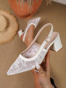 新款时尚女士尖头情人节高跟鞋，粗跟白色后跟带休闲舒适鞋 - 白色 - 查看 1